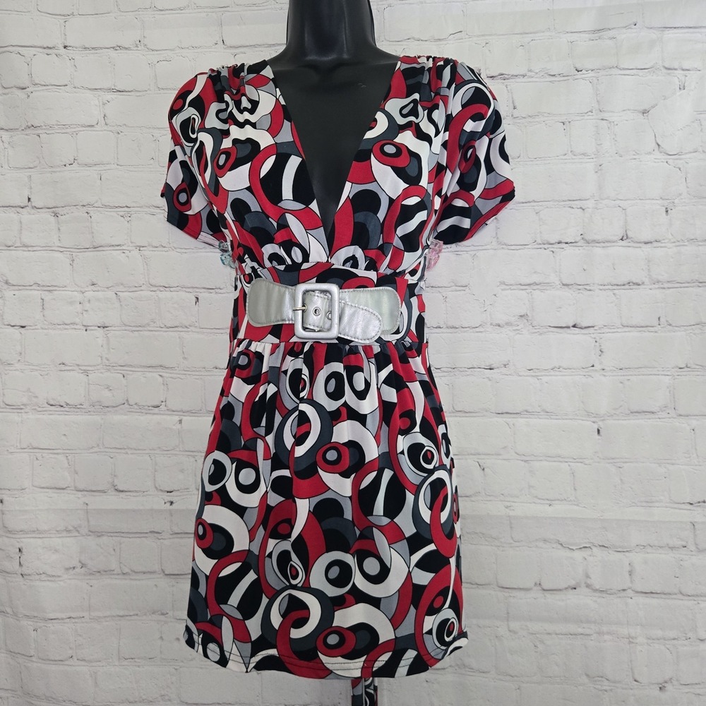 Y2k Ultra Flirt Retro Geometric Print Babydoll Top Belted Middle Sz XL